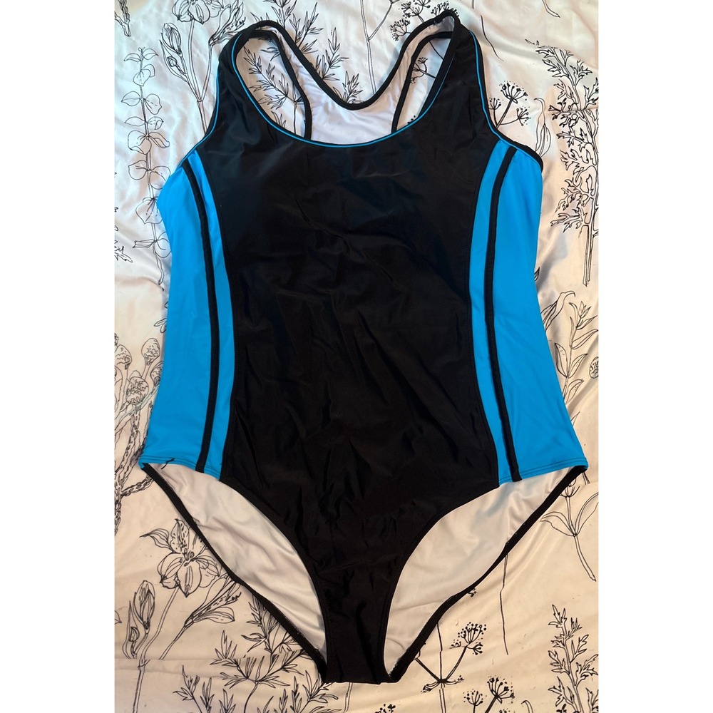 NEW Uhnice Plus Size Black‎ & Blue Athletic Racerback One Piece Swimsuit, 4XL